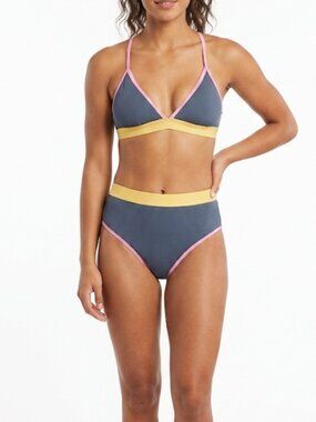 Jessica Simpson Two Piece Bikini SET Gray Pink Yellow Triangle High Waist L NWT